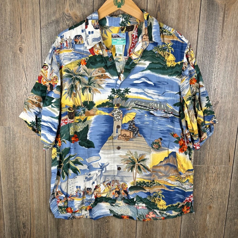 Reyn Spooner Mens Large Hawaiian Shirt Rayon Scenic Trans-Pacific Aloha Blue